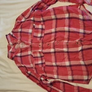 Pink Plaid Long Sleeve Button Down With Crochet Lace Down Sides Size Large